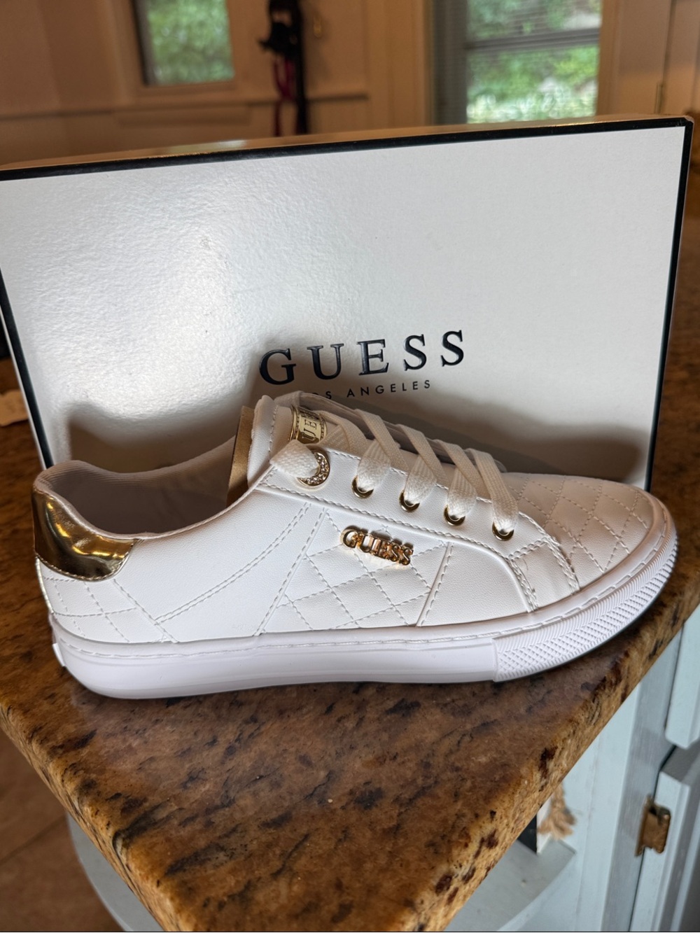 GUESS White Quilted Low-Top Sneakers with Gold Accents